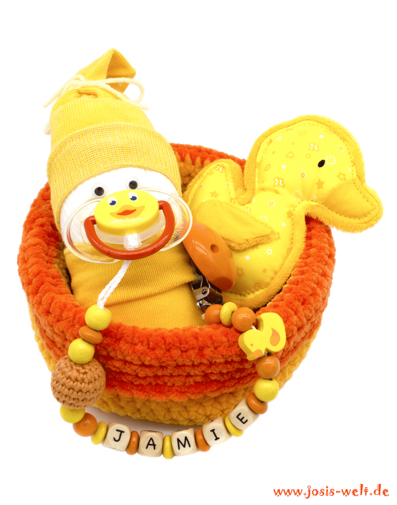 Babygeschenk "Windelbaby Ente" mit Kuschel-Ente gelb