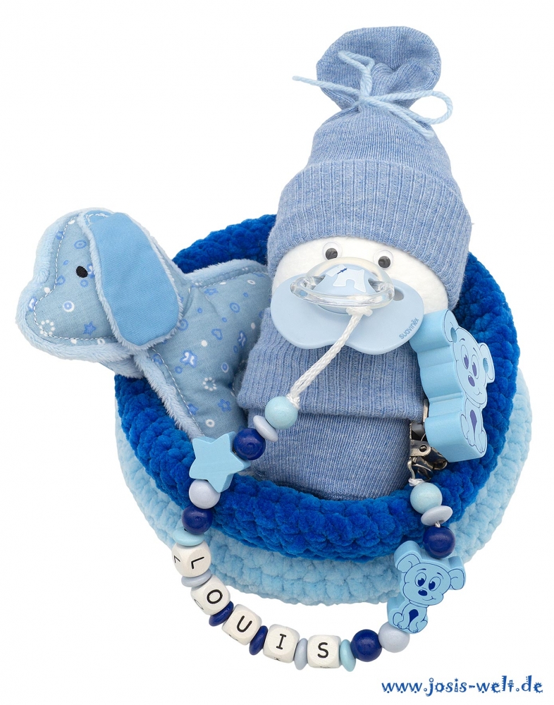 Babygeschenk "Windelbaby Boy" mit Kuschel-Hund Greifling blau