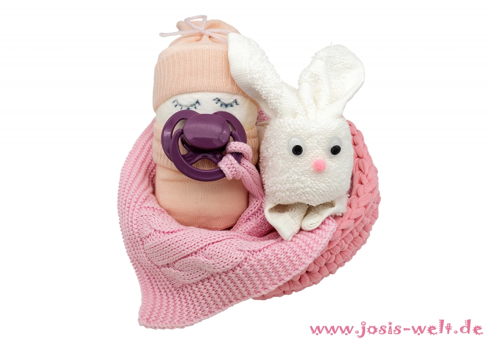 Babygeschenk Windelbaby Hase rosa mit Schnullertuch