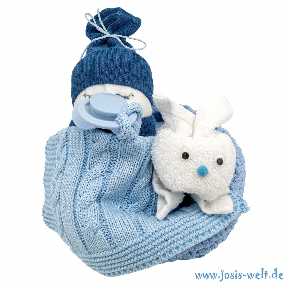 Babygeschenk Windelbaby Hase blau mit Schnullertuch